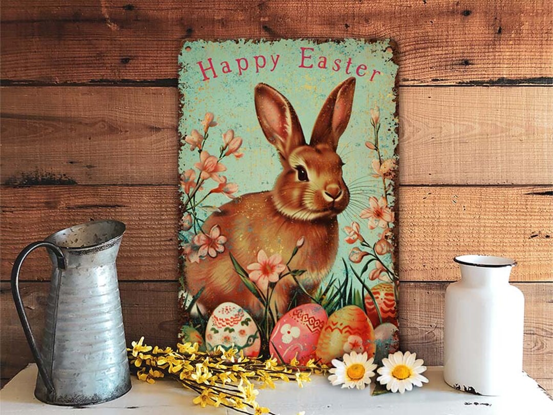 Easter Decor Vintage Mid Century Style Decoration Metal Art Sign Mantle Display Picture Indoor Outdoor Safe Happy Easter Retro Bunny